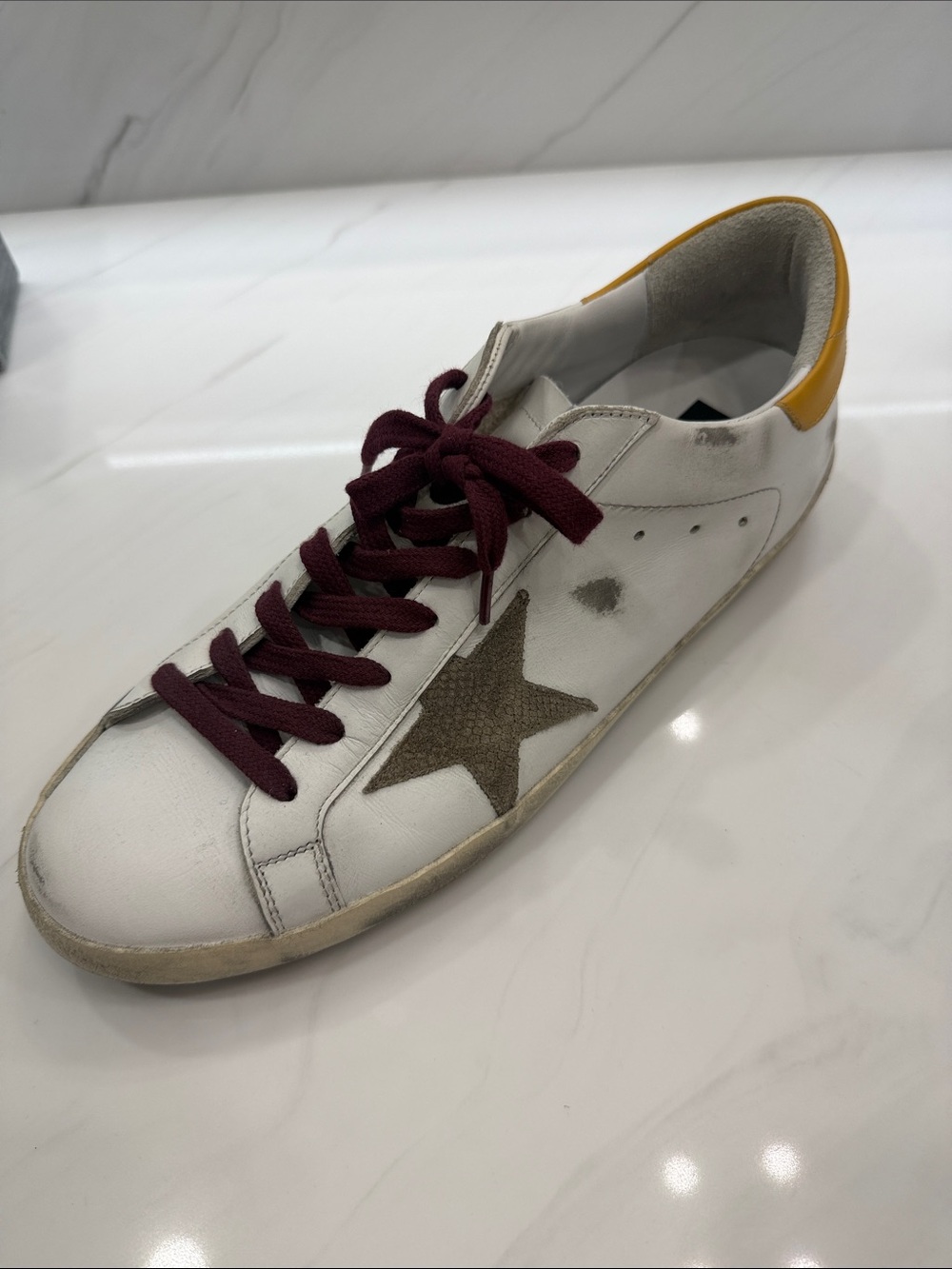 Golden Goose White Star Sneaker with Burgundy Laces and Yellow Heel